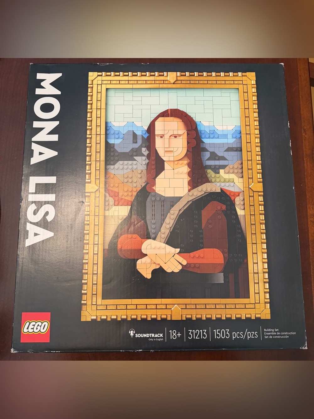 Lego Mona Lisa Mosaic Wall Art in Gold, Black, Blue and Brown